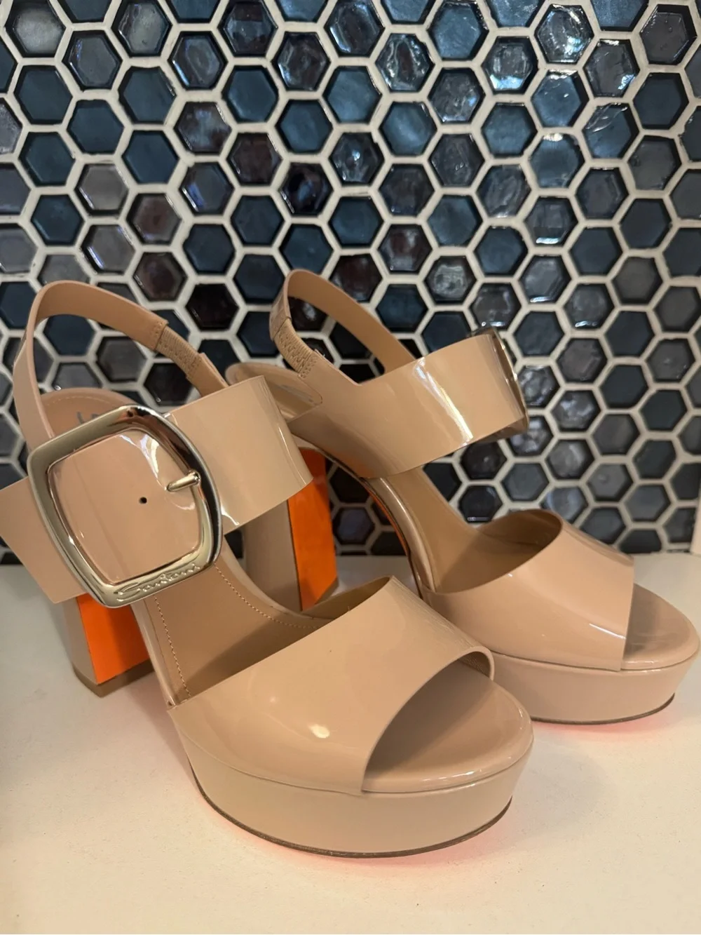 SANTONI Bruxel Nude Beige Platform Sandal, size 7.5